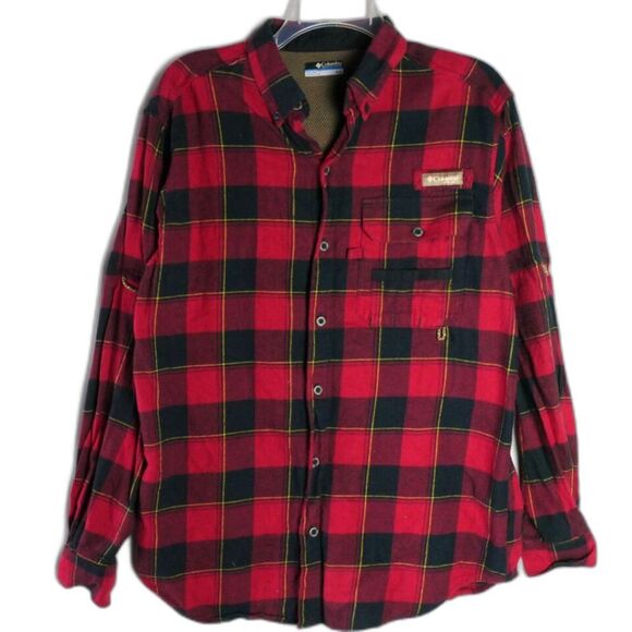 Columbia PHG Men's Size M Sharptail Flannel Plaid Shirt Vented Red Black - Picture 1 of 14